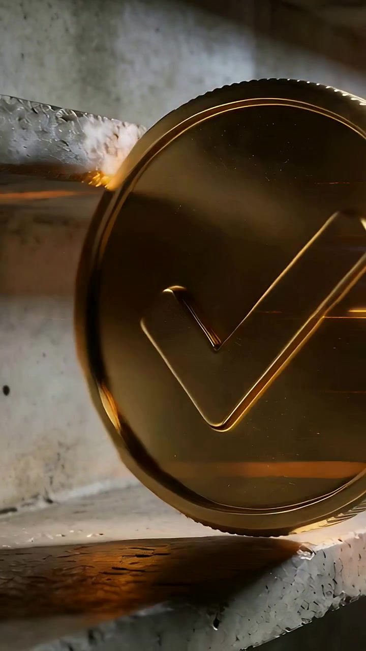 Vertical video: Dropping gold coin with checkmark knurled rim rolling on concrete steps, sparking