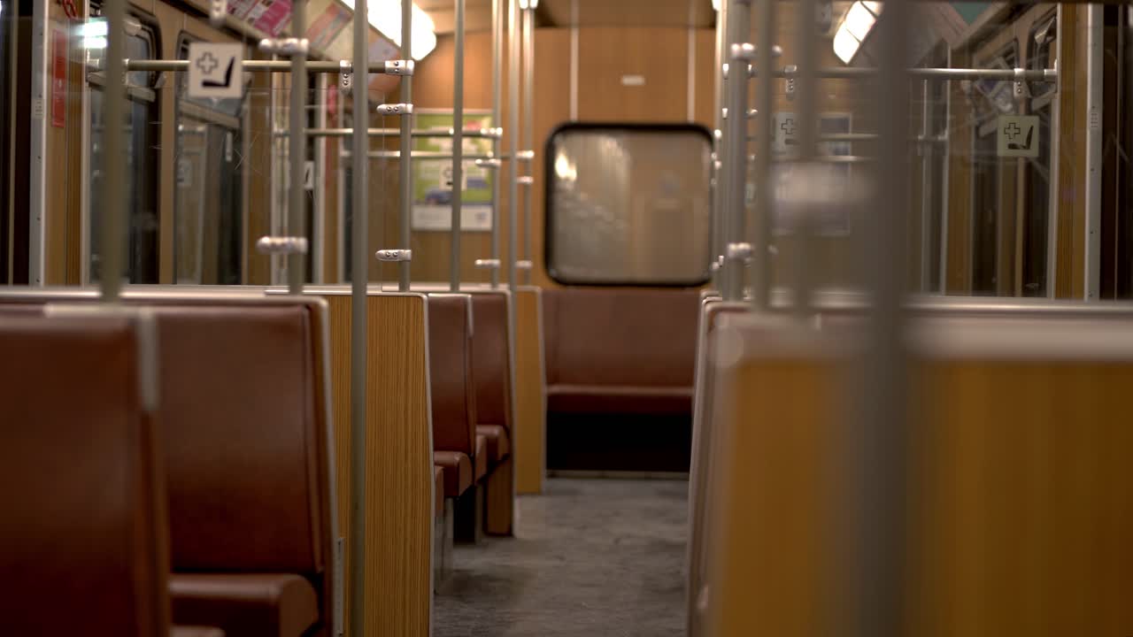 Interior of old vintage subway trains in Munich. Bavarian people commuting daily with these trains. Empty subway train