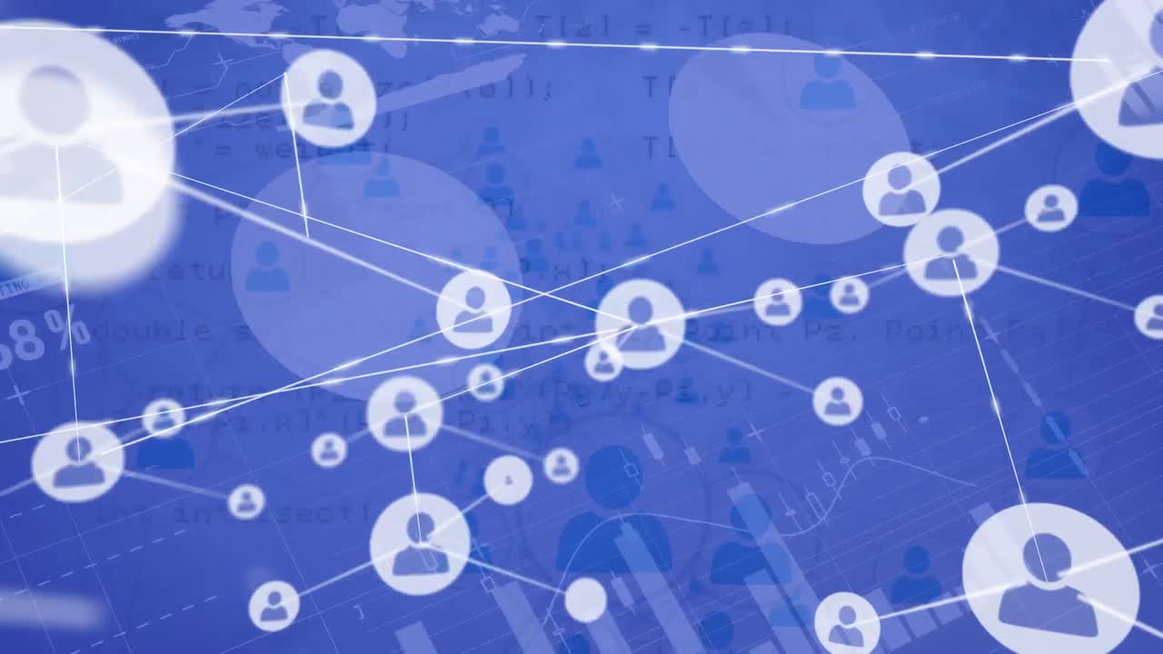 프로필 아이콘 네트워크의 애니메이션과 파란색 배경에 대한 통계 데이터 처리