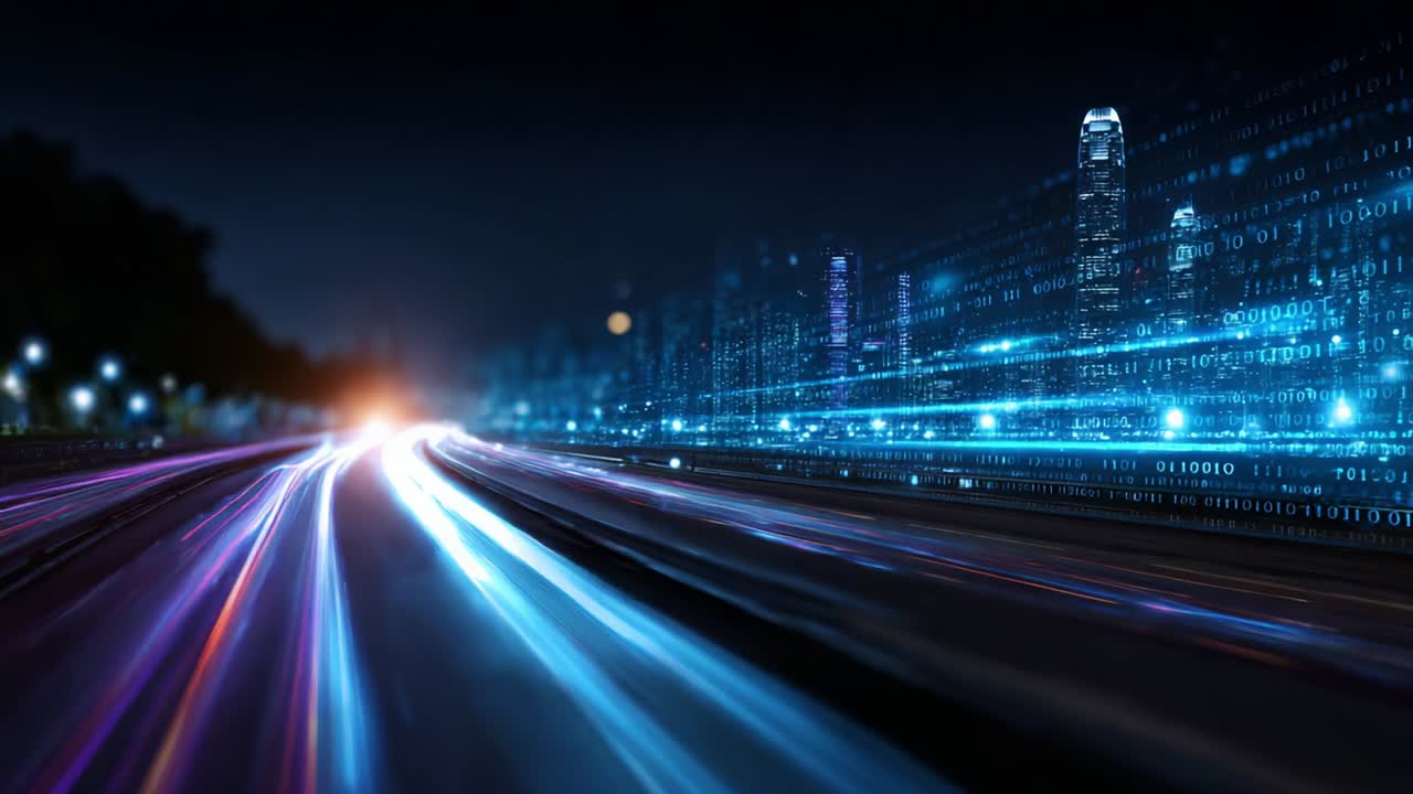 Una splendida immagine con effetto motion blur di vivaci scie luminose ed elementi digitali tecnologici che evidenziano l'intersezione tra velocità e innovazione in un ambiente urbano notturno