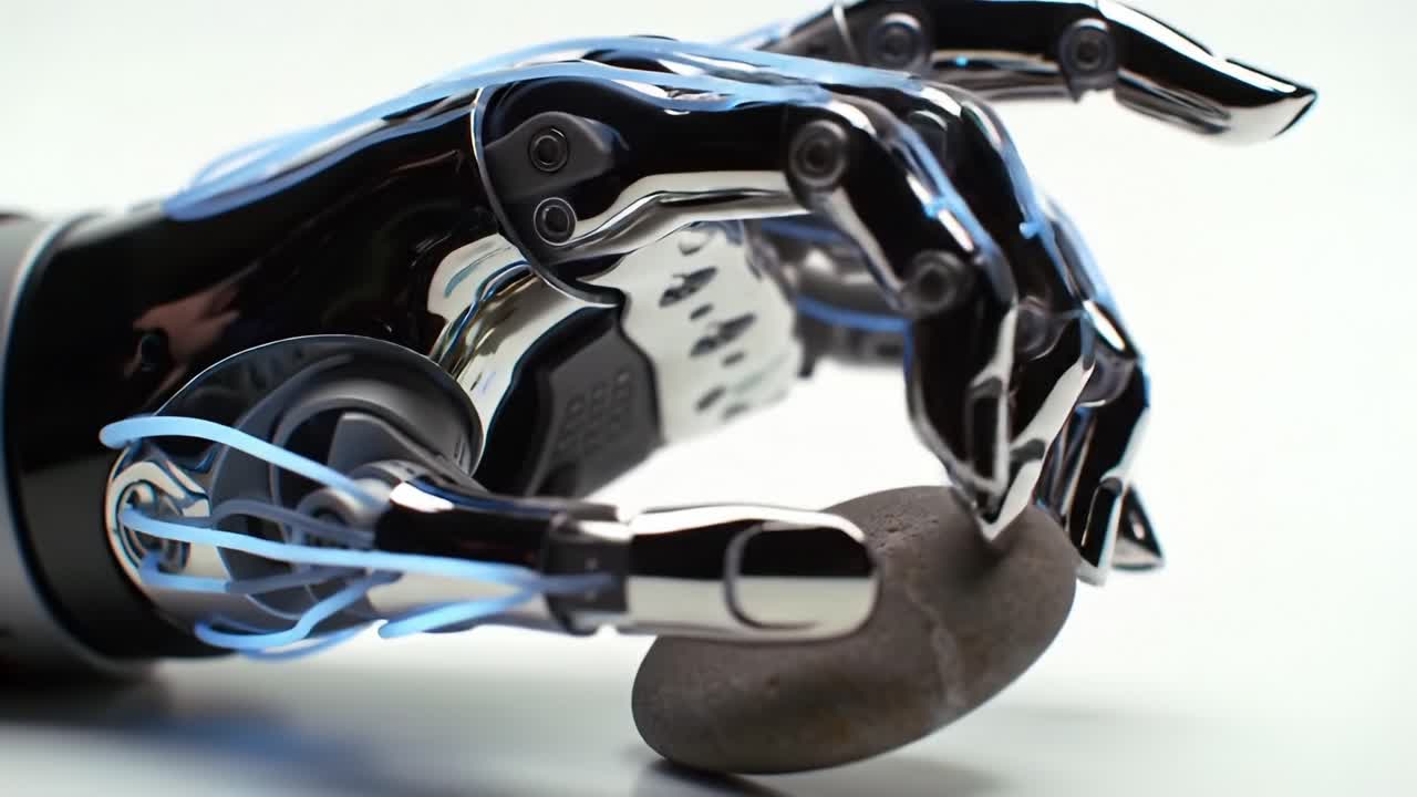 A Futuristic Robotic Hand Manipulating a Stone, Showcasing Advanced Technology in Artificial Intelligence and Mechanical Design for Enhanced Interaction with Objects