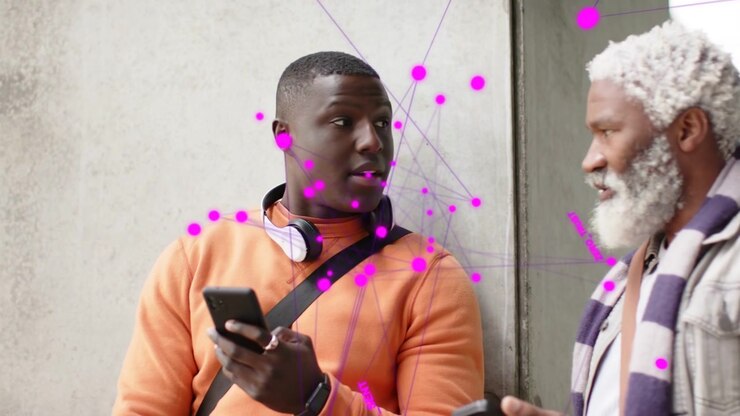 Man tapping phone and sending 2FA for security, senior approaching while magenta nodes linking both