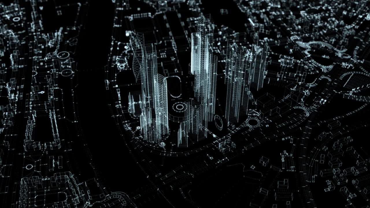 ciudad digital 3d de partículas. bucle sin fisuras de 4k. vuela alrededor de un grupo de rascacielos