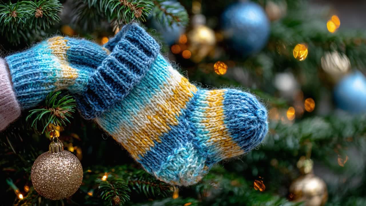 A Cozy Knitted Sock Ornament Hangs Cheerfully from a Christmas Tree, Surrounded by Glittering Ornaments and Twinkling Lights, Celebrating the Holiday Spirit