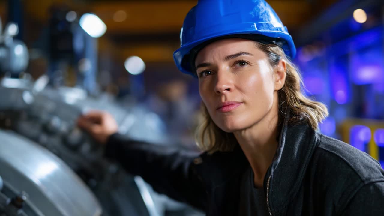 A determined woman in a blue hard hat stands confidently in an industrial environment, showcasing her role and competence in engineering and technical fields, embodying empowerment and professionalism