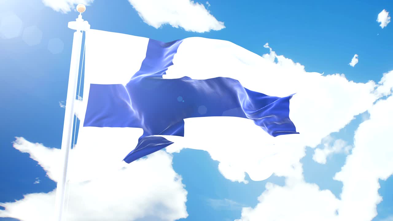 핀란드의 현실적인 발이 타임 스 구름 배경에 흔들리고, 4k 해상도에서 세부적인 직물 질감으로 완벽한 루프가 있습니다.