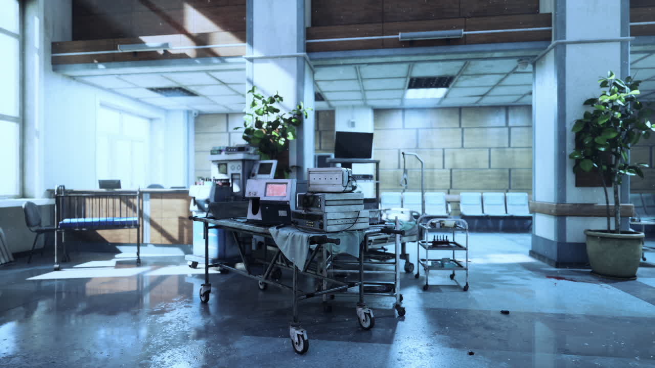 Abandoned hospital interior with medical equipment left in disarray