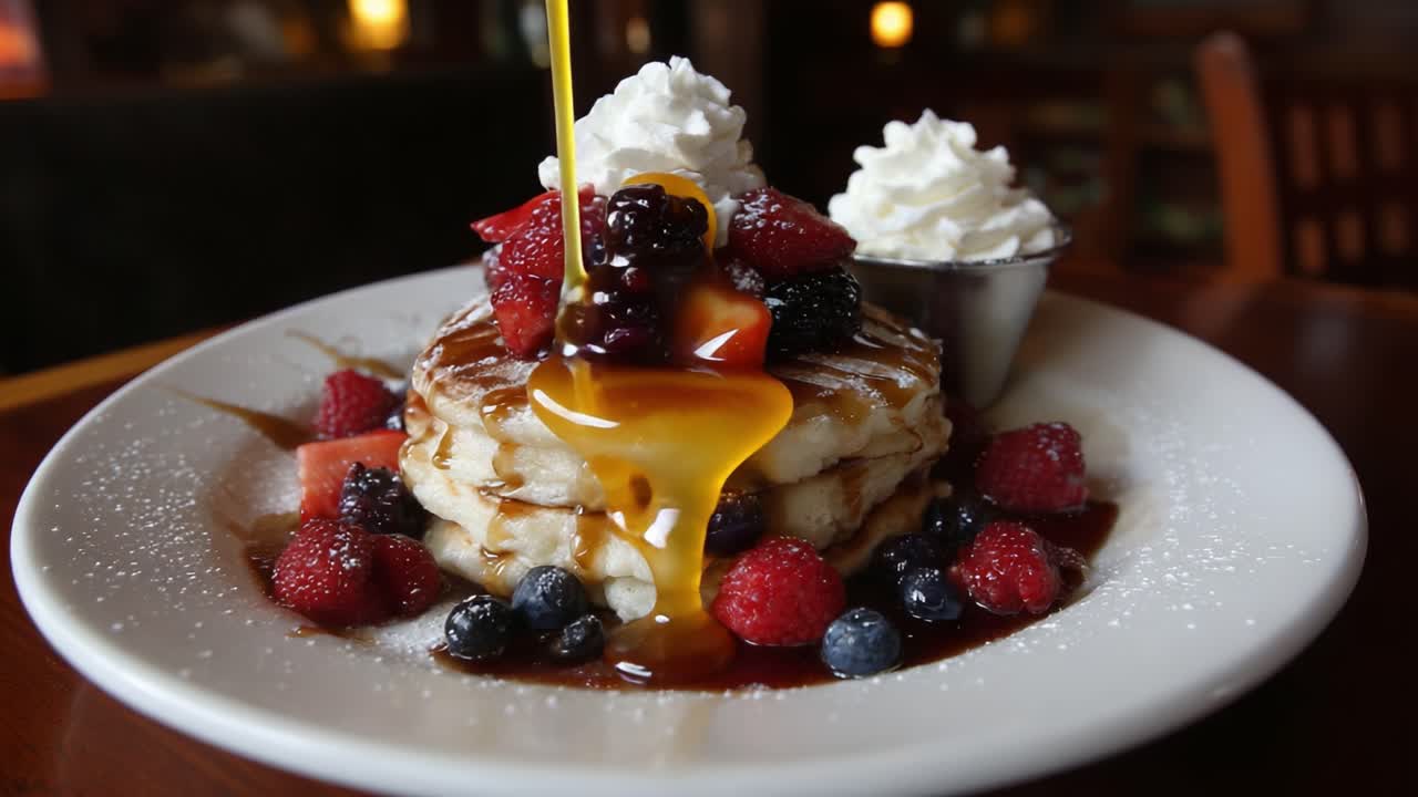 Delicious Stack of Fluffy Pancakes Topped with Fresh Berries and Whipped Cream, Drizzled with Maple Syrup, Perfect for Breakfast or Brunch Indulgence