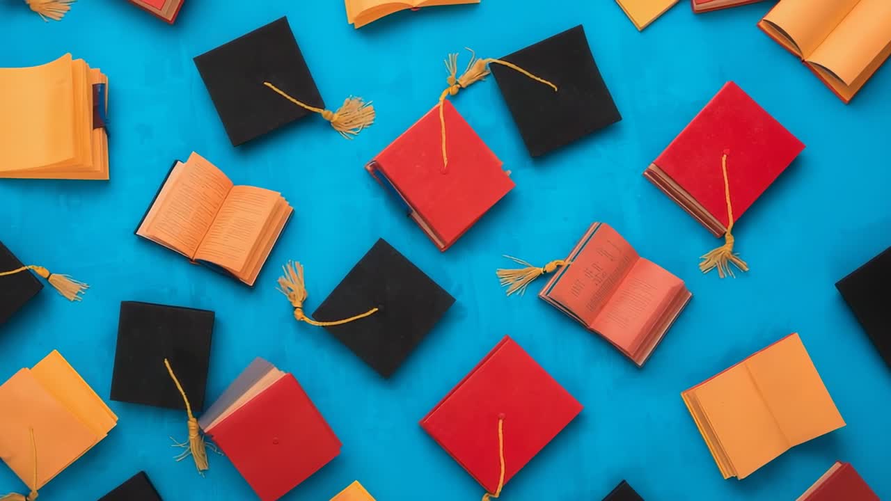 Opening overhead shot panning across blue tabletop while zooming into gleaming tasselled mini caps