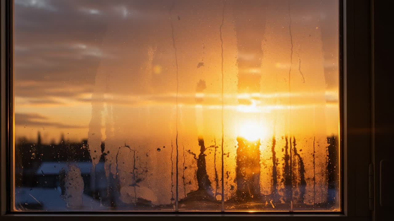 Capturing the Essence of Winter Mornings: A Beautiful Sunset Through a Condensation-Covered Window with Vivid Colors and Atmospheric Details