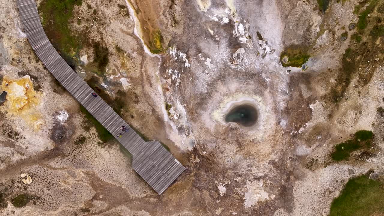A stunning top-down drone view of Hveravellir geothermal area in Iceland, revealing colorful hot springs, steaming vents, and the raw geothermal power of the Highlands