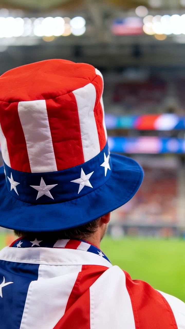 Video verticale: Tifoso con cappello alto e mantello a bandiera che sventola una piccola bandiera, mentre segue la partita allo stadio.
