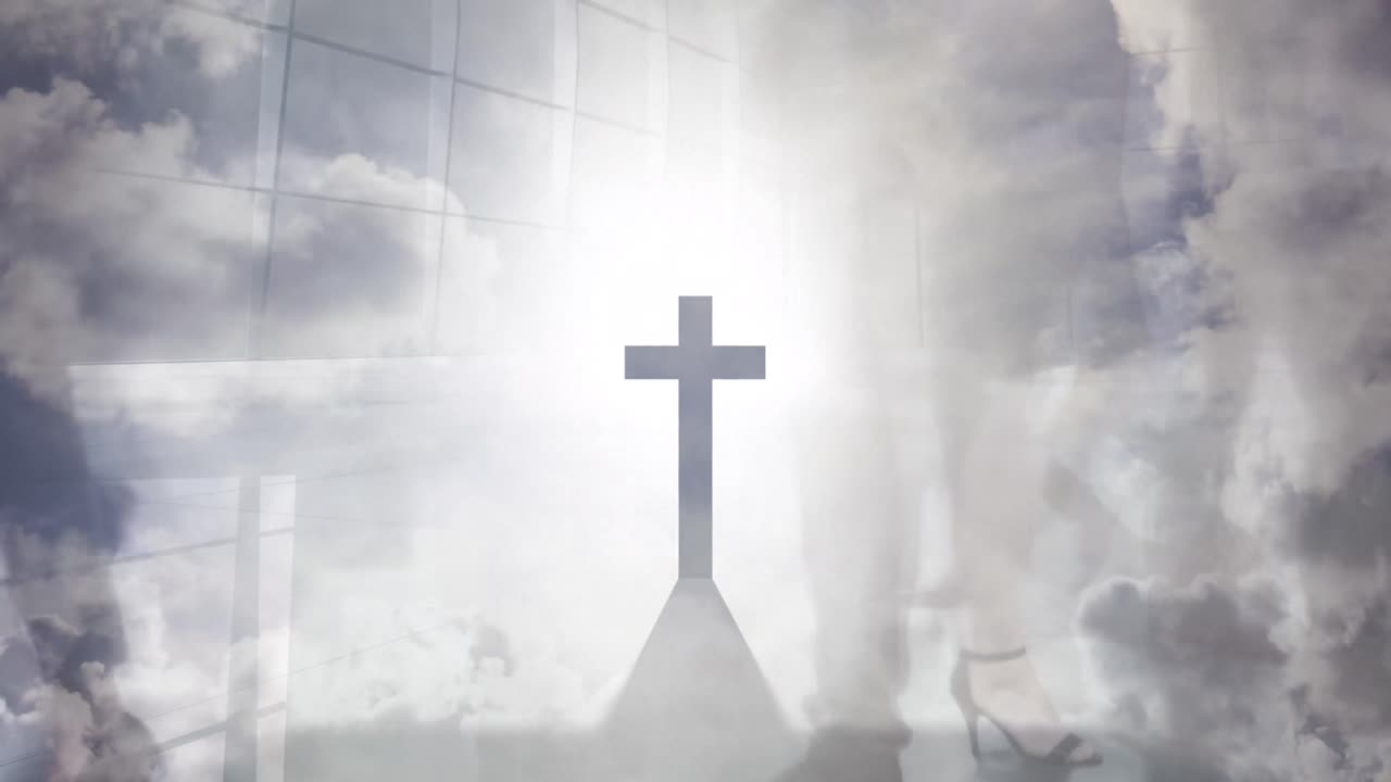 거리에서  ⁇ 는 사람들 위에 십자가와 빛의 애니메이션