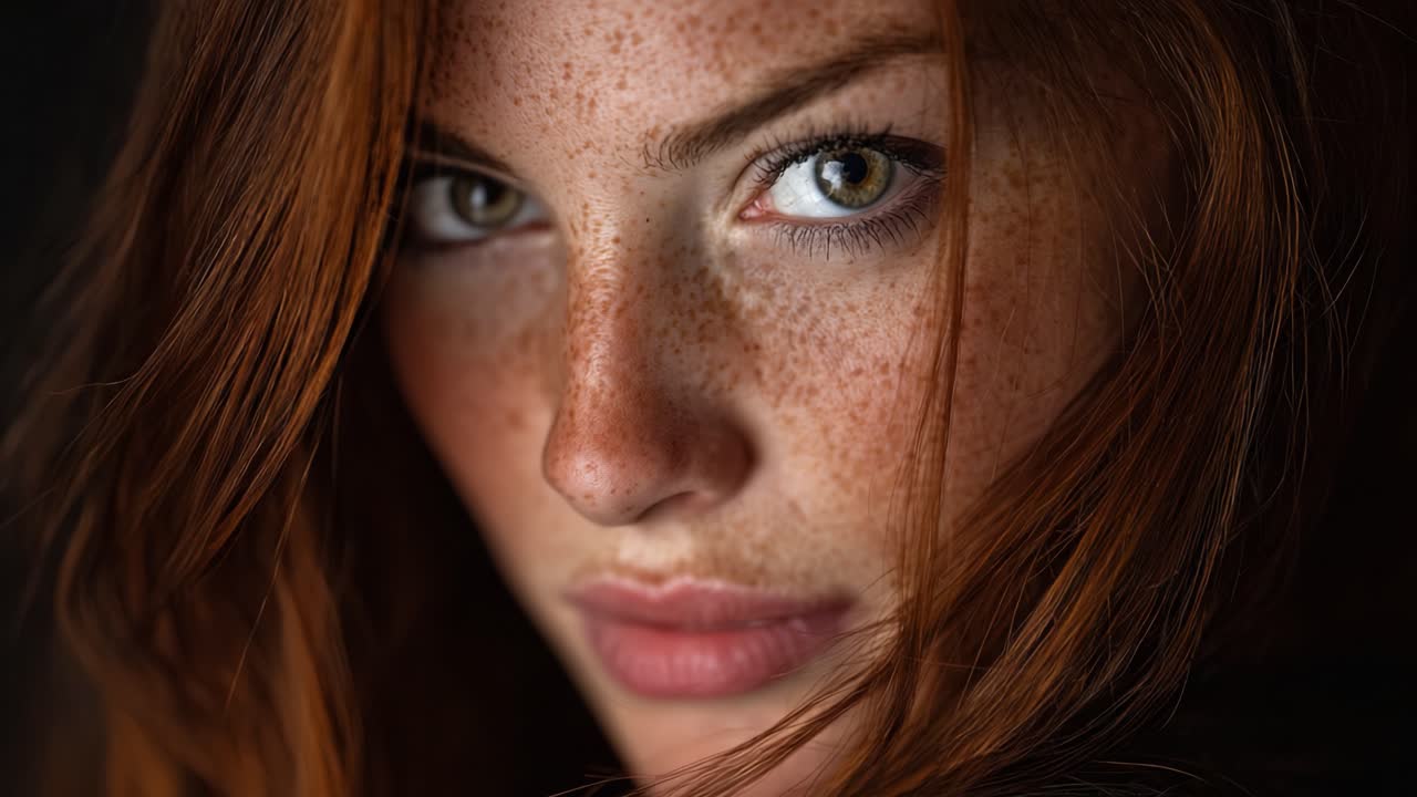 Un ritratto ravvicinato di una giovane donna con lentiggini e sorprendenti occhi verdi, che mette in mostra la bellezza naturale e l'emozione espressiva in un'illuminazione intima.