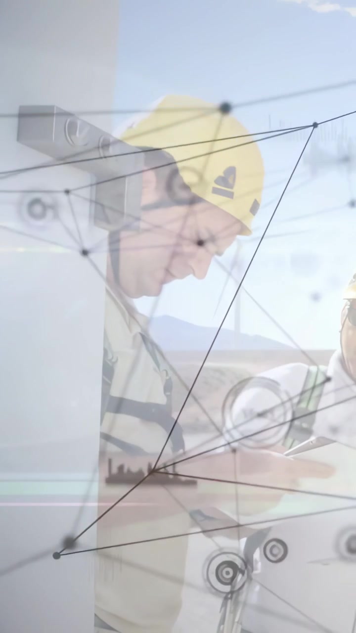 Two utility techs tapping tablet and guiding inspector adjusting bracket while HUD checking data