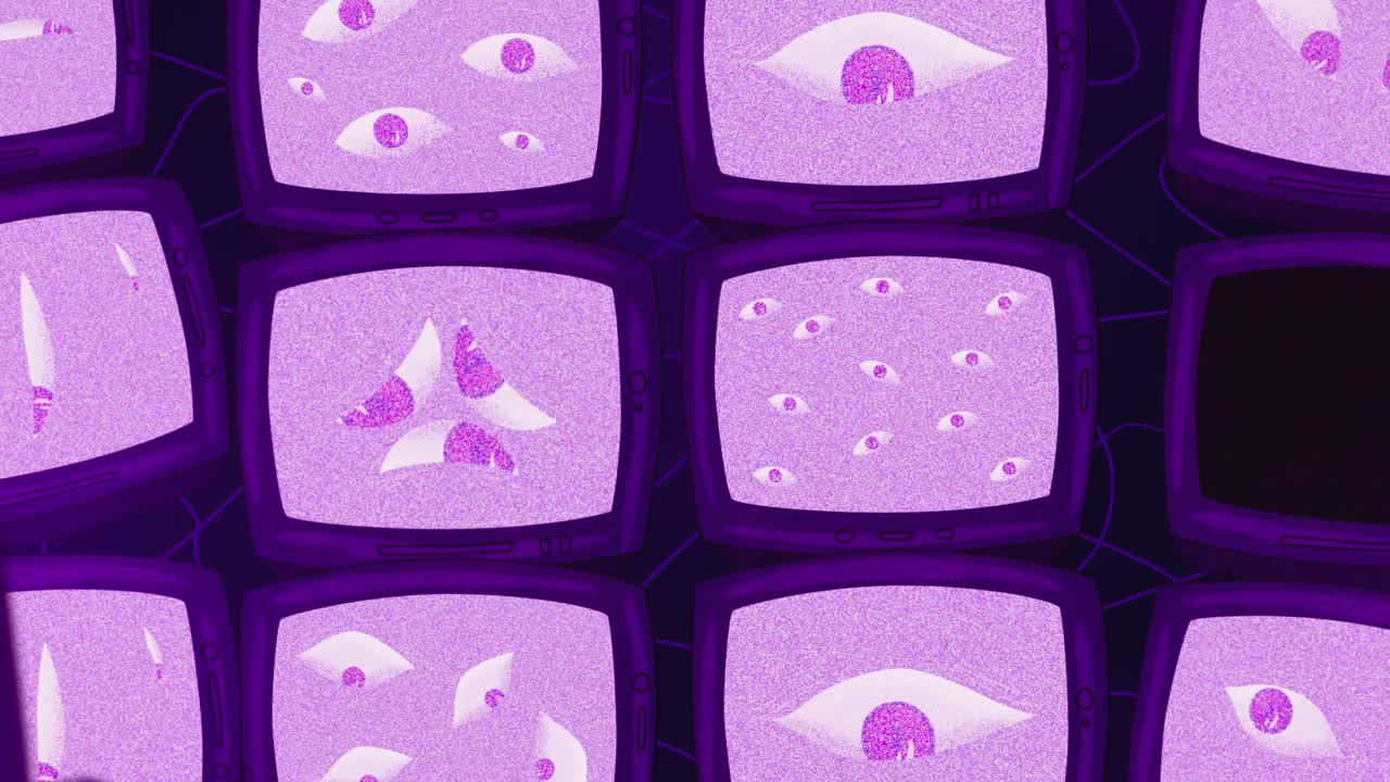 2d анимация, телевизоры включаются, многие глаза наблюдают за нами