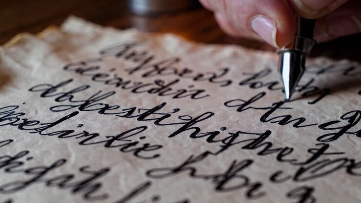Close-up video of a hand writing with a fountain pen on aged paper, showcasing a vintage style