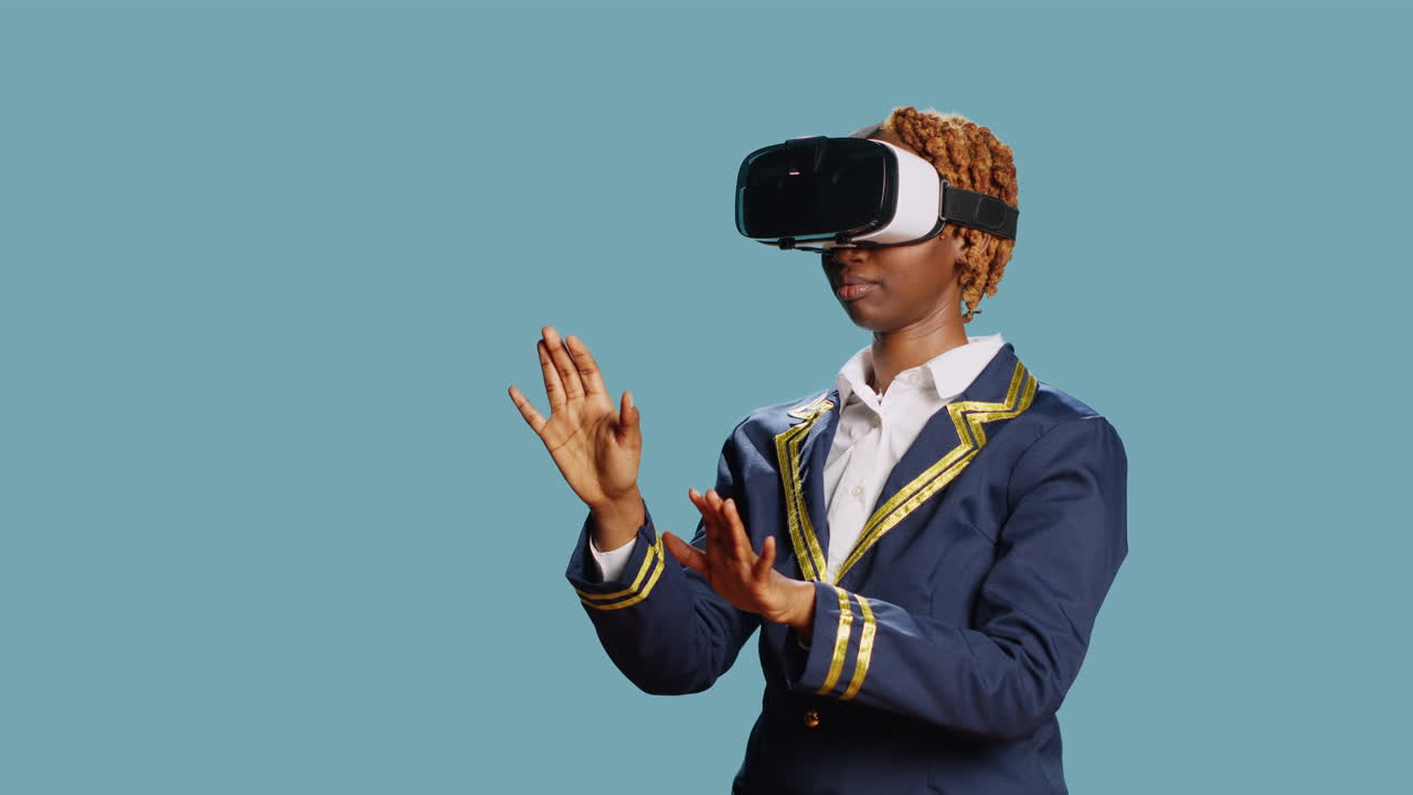 Female aviation worker using virtual reality glasses
