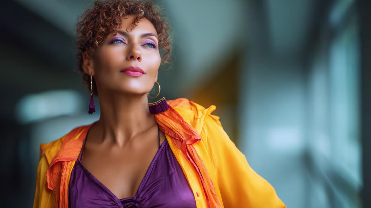 Donna sicura di sé con un vivace abito arancione e viola, che posa con carisma su uno sfondo leggermente sfocato, mettendo in risalto la moda e la bellezza contemporanee