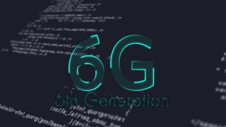 Animatie van 6G-tekst over gegevensverwerking op zwarte achtergrond