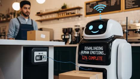 a humorous interaction between a friendly robot and a barista in a coffee shop as it attempts to download human emotions with a cheery interface display