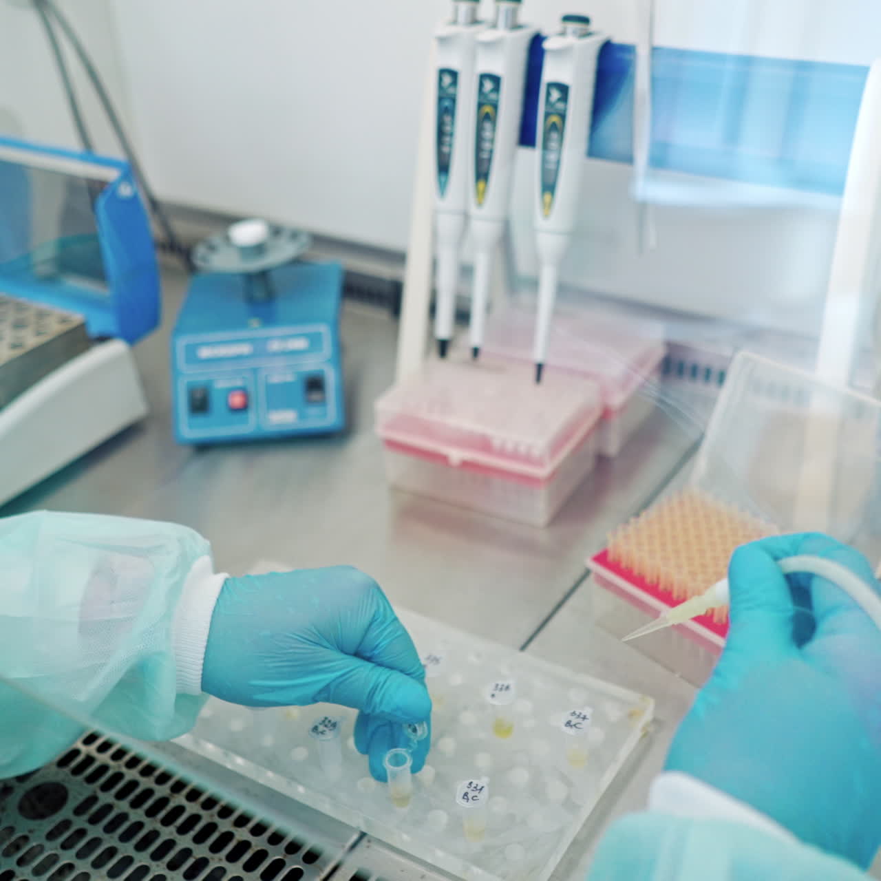 Hands in blue sterile gloves filling test tubes with liquid. Some racks with vials of liquid in modern laboratory indoors.