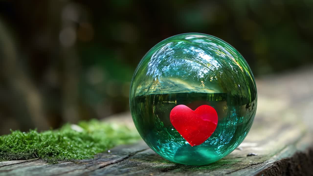 Green crystal ball holding red heart resting on mossy forest floor, radiating magical romantic atmosphere with soft light and dreamy bokeh effect