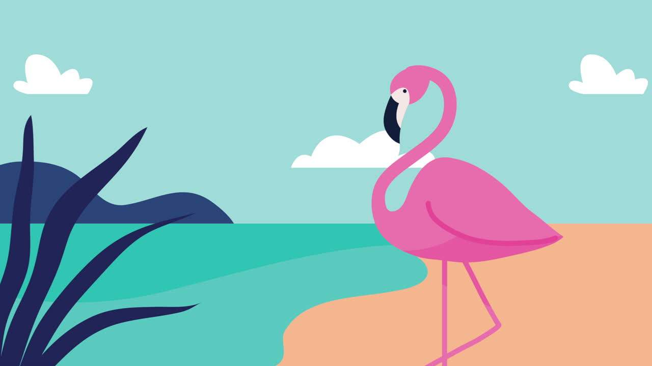 열대 해변 에 있는 플라밍고