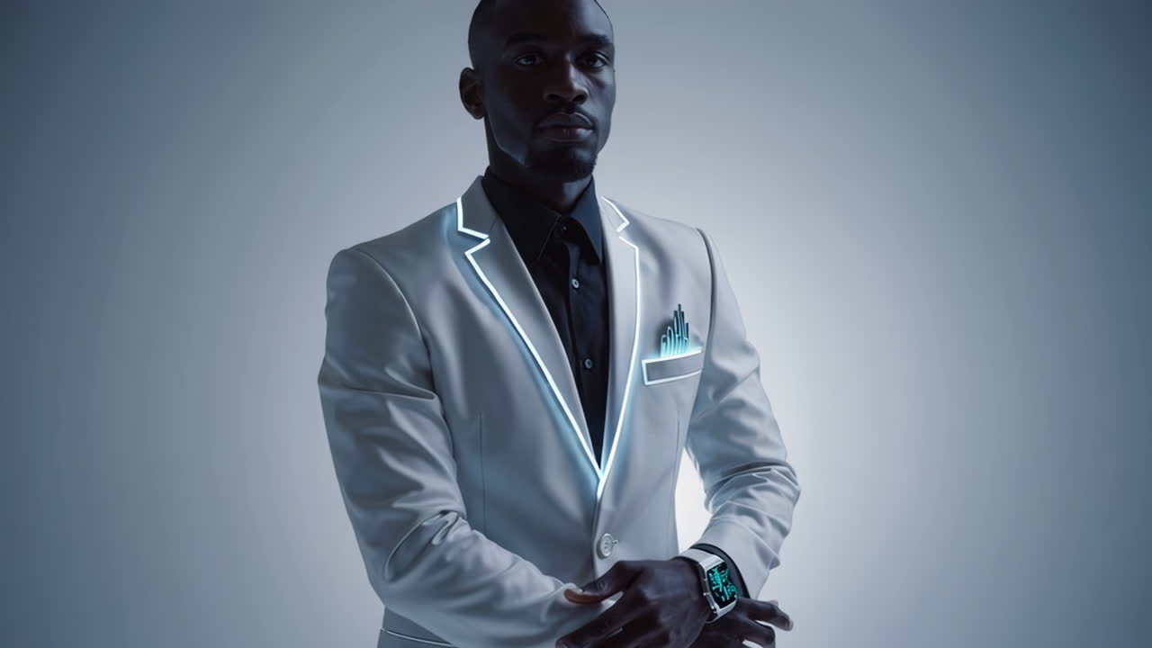 Professional Man in Futuristic Glowing Suit with Smartwatch