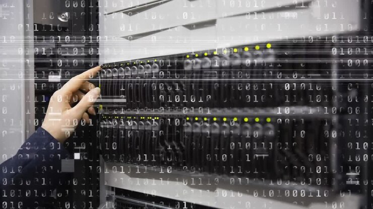 Animation of binary coding over caucasian female worker inspecting server room