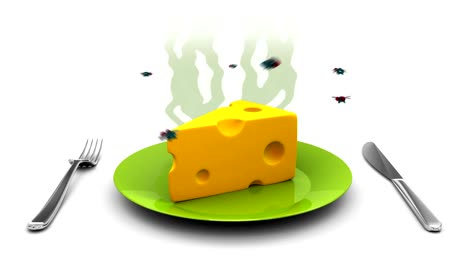 cheese on a plate. 3d animation in cartoon style. alpha channel, loopable.