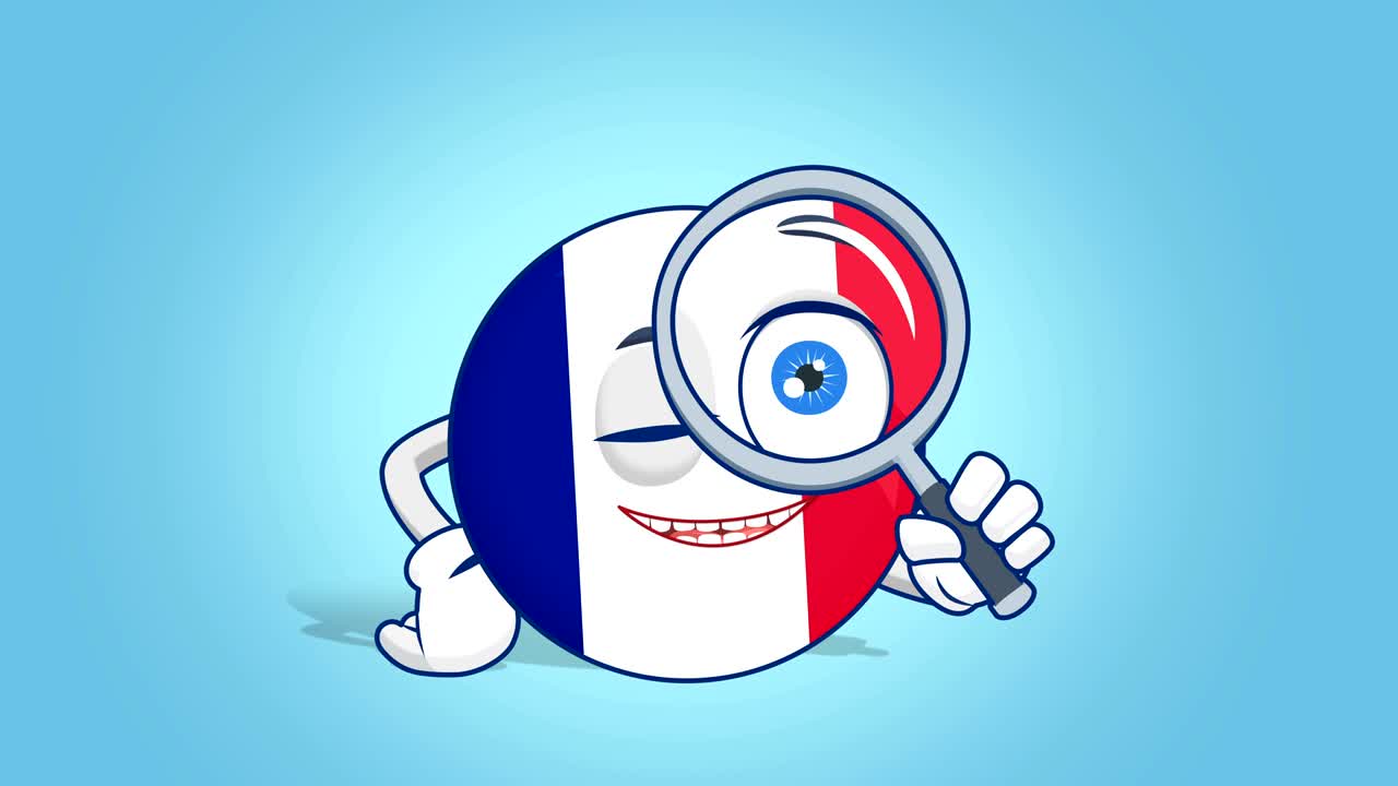 Icona cartone animato bandiera Francia con lente d'ingrandimento e animazione del viso con canale alfa.