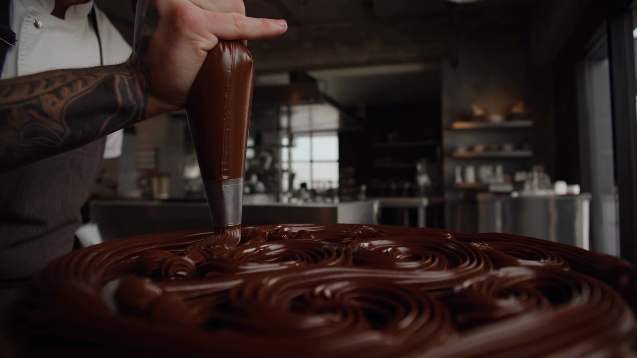Vista ravvicinata di un pasticcere che decora con una sac à poche una ganache al cioccolato densa e lucida su una grande torta rotonda in una cucina affollata, formando rosette con una punta di metallo, con luce calda, ombre morbide e ricchi dettagli del dessert.
