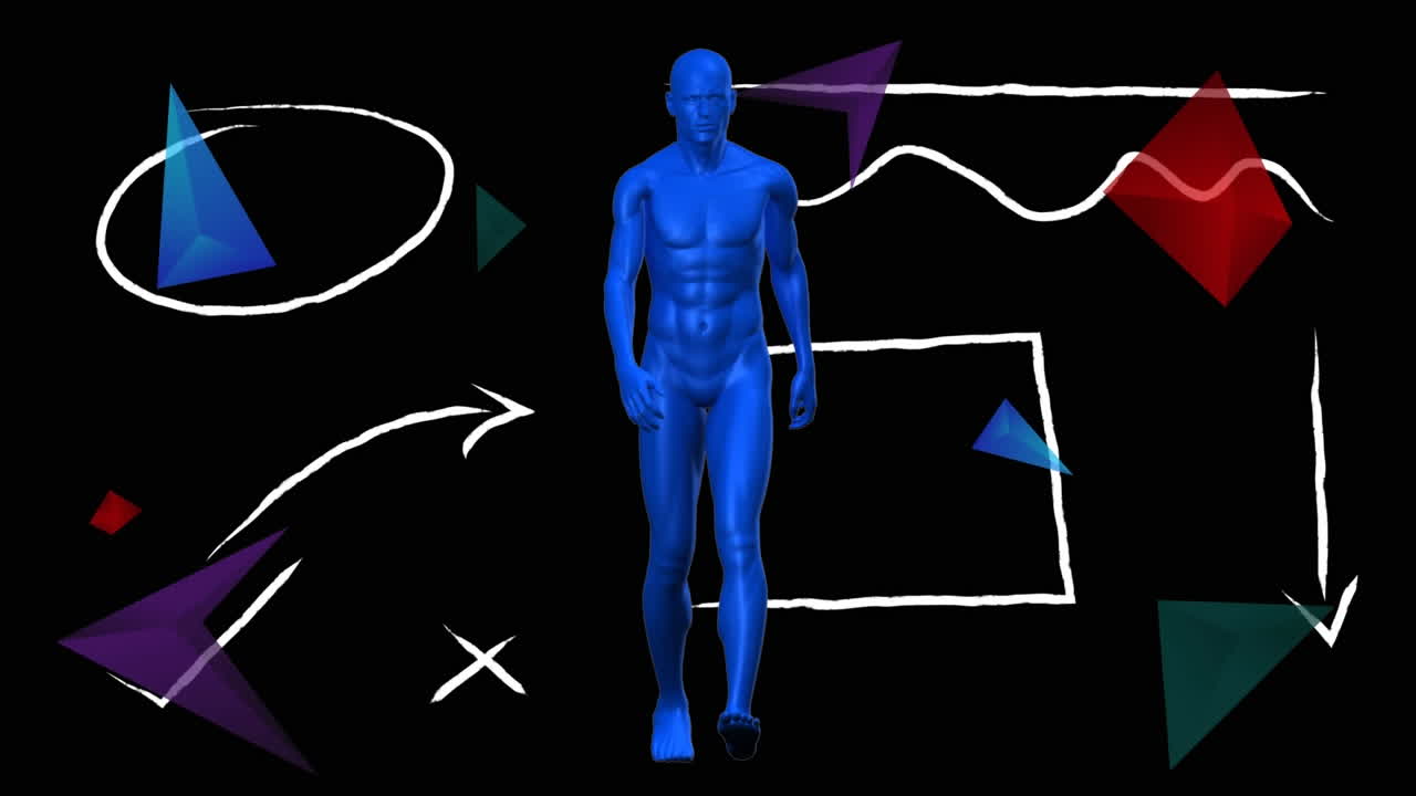 animación digital de un modelo de cuerpo humano caminando contra formas abstractas coloridas sobre un fondo negro