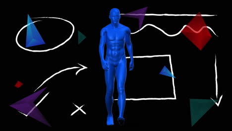 animación digital de un modelo de cuerpo humano caminando contra formas abstractas coloridas sobre un fondo negro