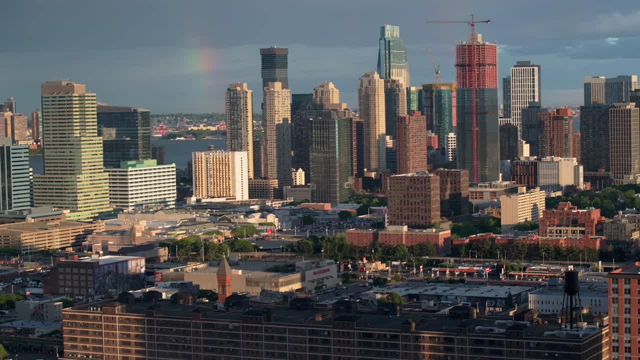 Aerial view of a rainbow over Hoboken, New Jersey