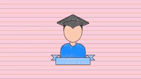 Animation-of-drawing-of-ribbon-and-boy-wearing-mortarboard-over-book-page