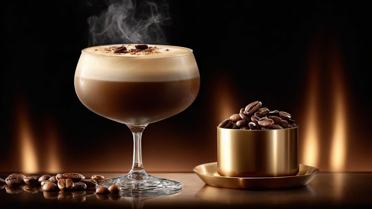A Pair of Elegantly Styled Coffee Cocktails with Steaming Foam Served in a Sophisticated Glass, Surrounded by Fresh Coffee Beans and a Tasteful Gold Container