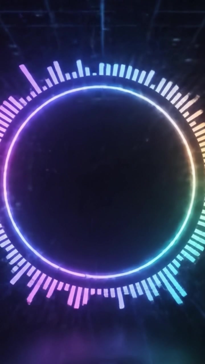 Dynamisk visuel visning af flerfarvede lydbølger, der omkranser et centralt sort tomrum i en animeret visualisering af lydkomposition