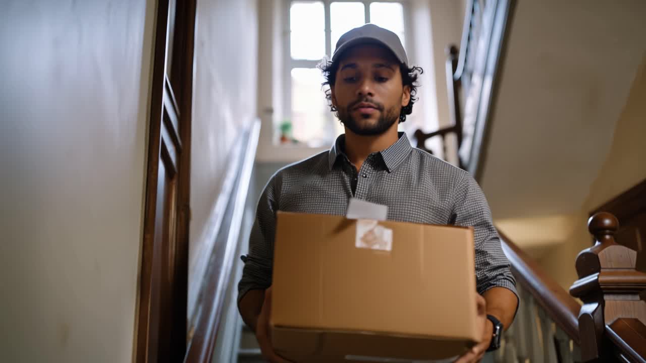 A young man carrying a package walks up the stairs in a home, demonstrating determination and focus while balancing responsibility and his surroundings