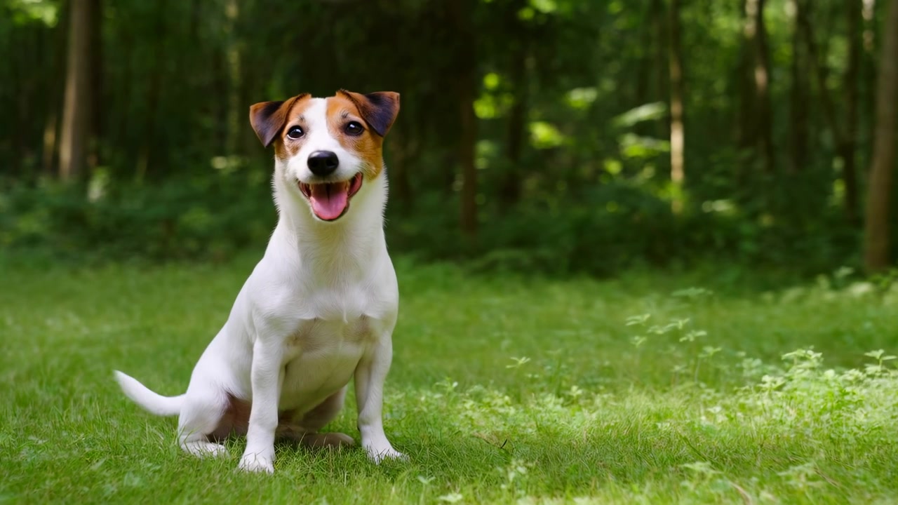 Cachorro de terrier feliz sentado en la hierba en un claro de bosque soleado, con la lengua fuera, mirada brillante y atenta, verde fresco.