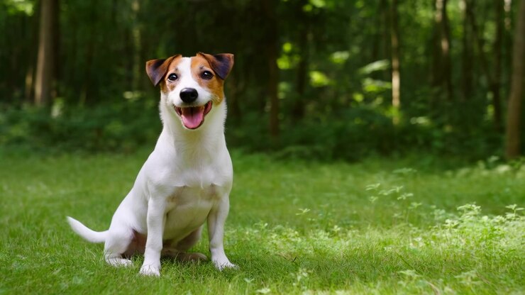 Happy Terrier Puppy Sitting On Grass Sunlit Forest Clearing, Tongue Out, Bright Attentive Gaze, Fresh Green