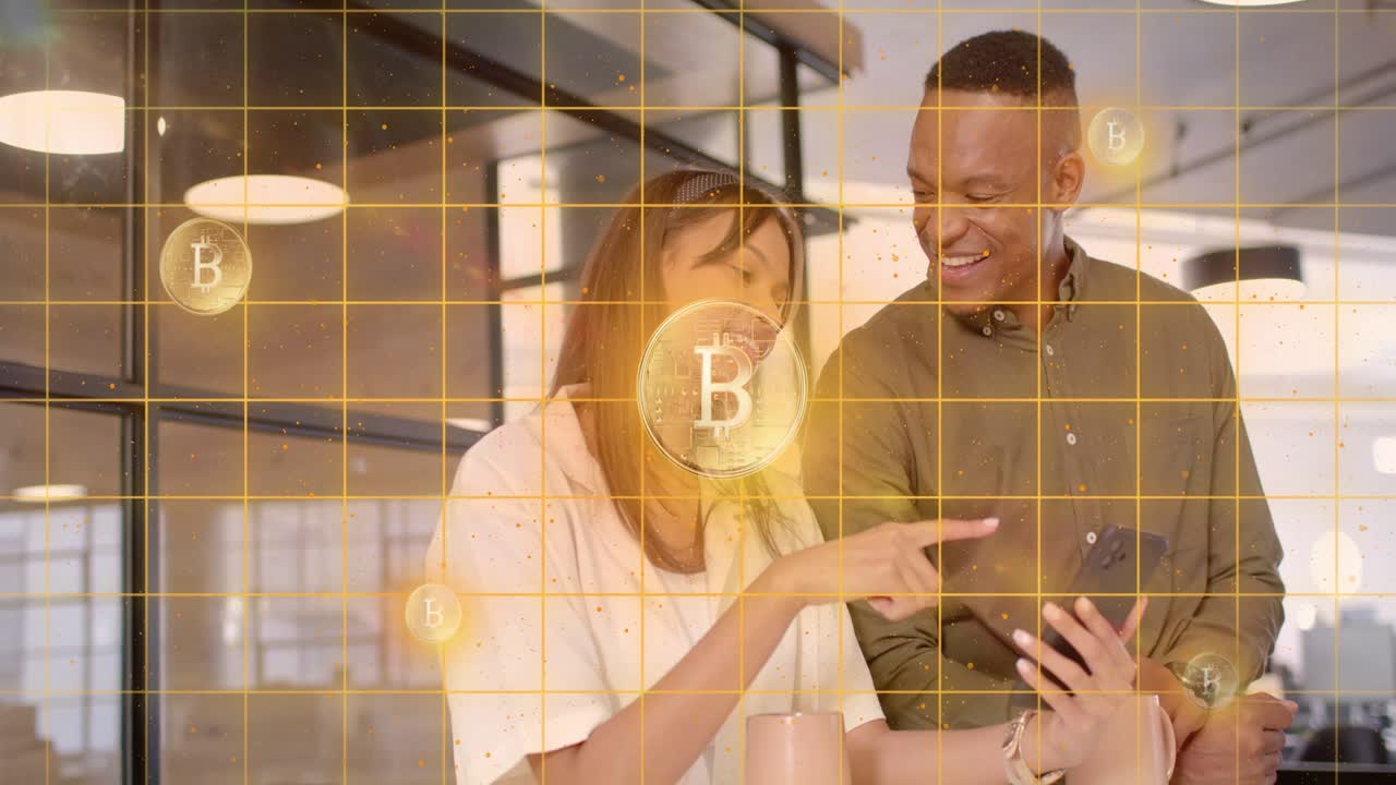 Woman pointing smartphone and guiding man, analyzing crypto finance with golden coin grid overlay