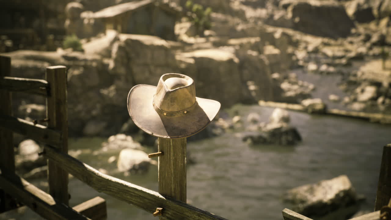 Cowboy hat resting on a wooden post near a river in the wilderness
