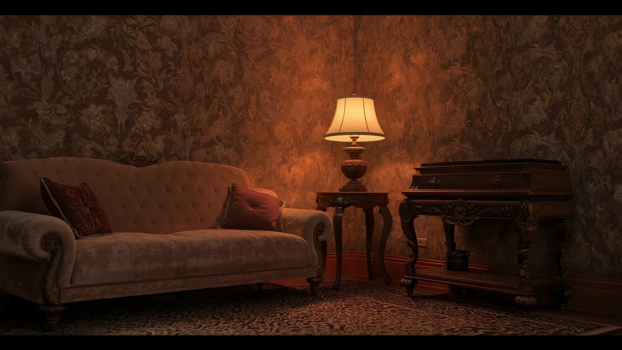 Camera capturing ceramic lamp flickering on wooden side table in retro living room for warm glow