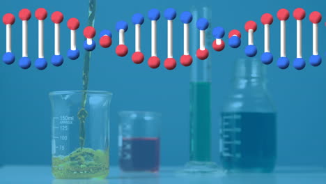 animación de la hélice de adn sobre el líquido que se llena en el vaso y los vasos llenos de líquido y el tubo de ensayo