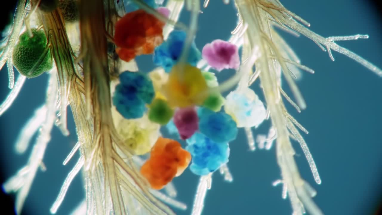 Close-Up Microscopic View of Colorful Particles Clinging to Delicate Roots, Showcasing the Intricate Interplay Between Microorganisms and the Environment