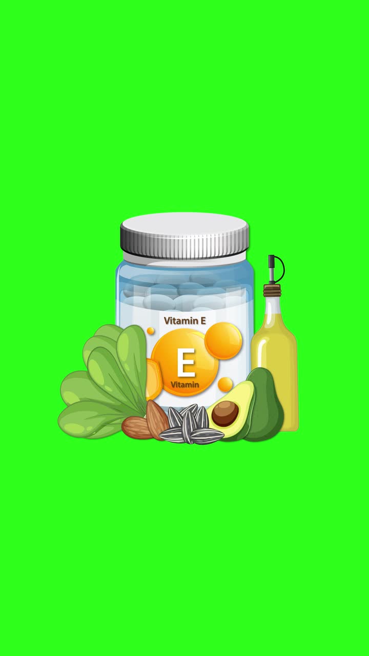 Bottiglia di vitamina E con spinaci, avocado, noci, olio, semi di girasole su sfondo verde brillante.