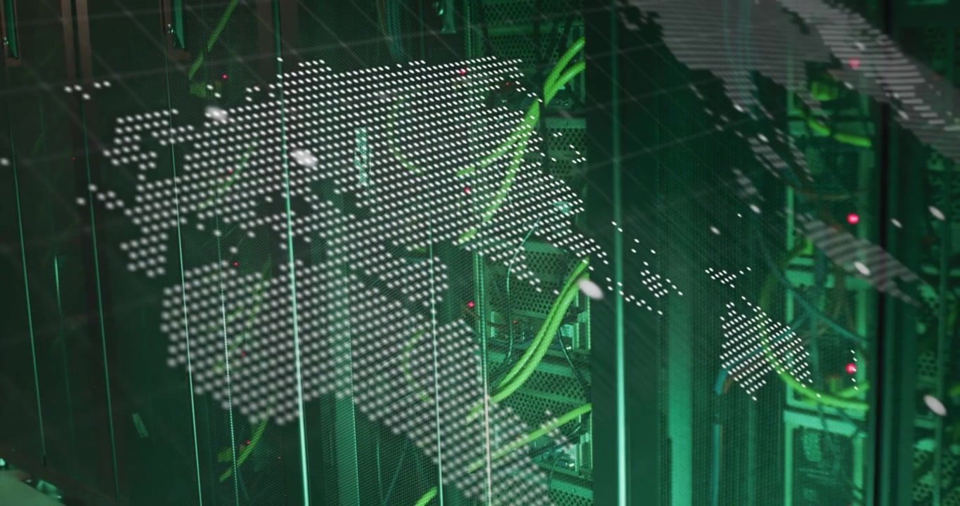 Dotted map appearing and code scrolling, camera panning, revealing data center rack green cables