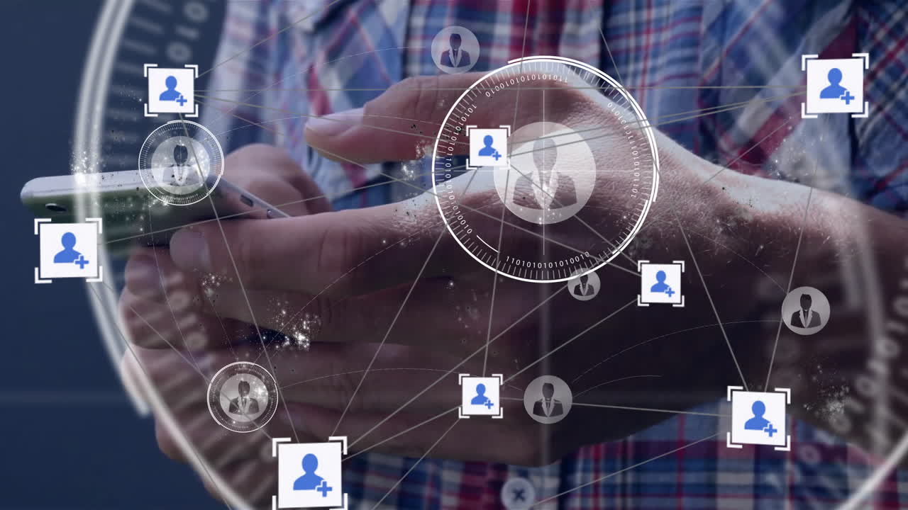Animation of connected icons and circles over caucasian man scrolling on smartphone